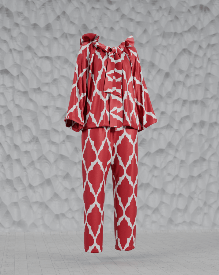 Women's and Girl's Red Pajama Set with Bow from handwoven Silk Ikat - SABINA PATEL