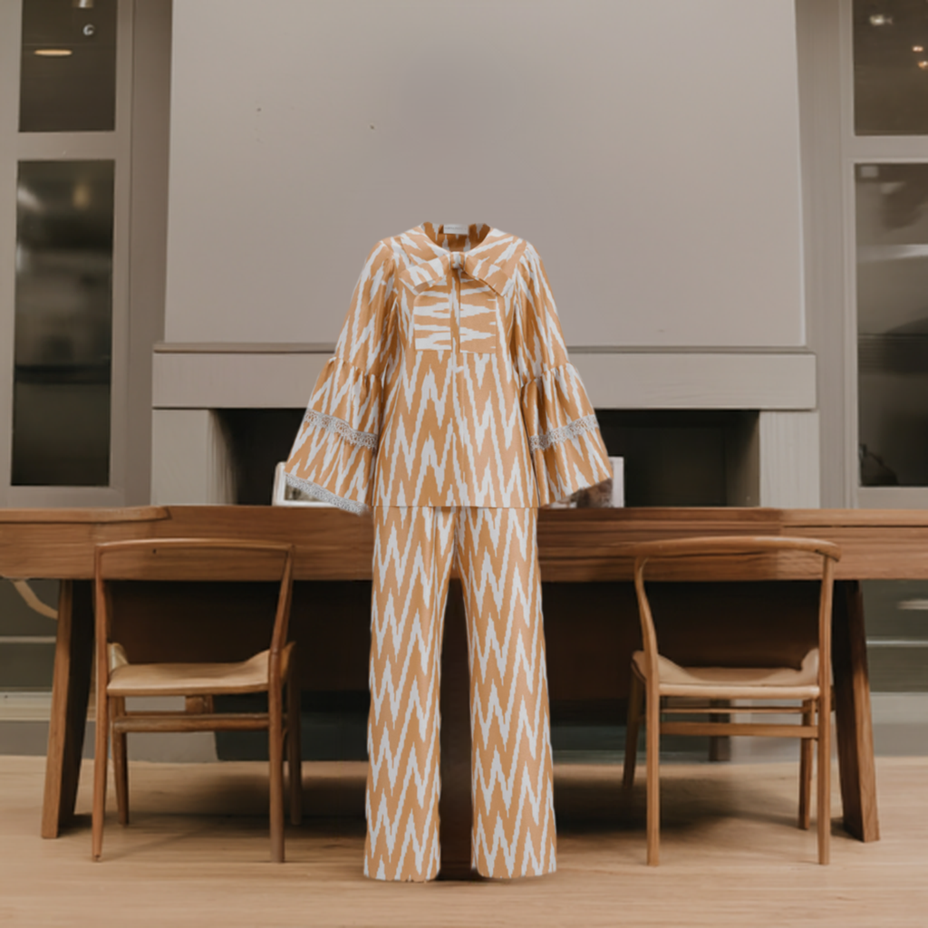 Women's Gold Pajama Set with Bow from handwoven Silk Ikat - SABINA PATEL