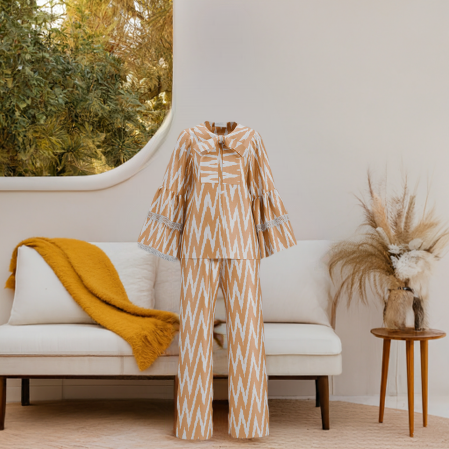 Women's Gold Pajama Set with Bow from handwoven Silk Ikat - SABINA PATEL