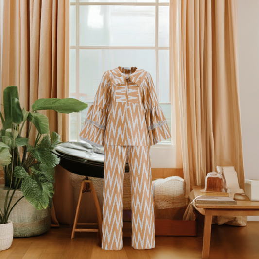 Women's Gold Pajama Set with Bow from handwoven Silk Ikat - SABINA PATEL