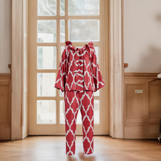 Women's and Girl's Red Pajama Set with Bow from handwoven Silk Ikat - SABINA PATEL