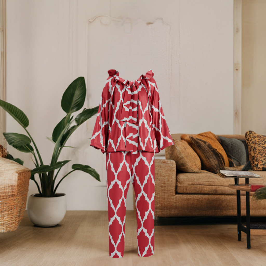 Women's and Girl's Red Pajama Set with Bow from handwoven Silk Ikat - SABINA PATEL