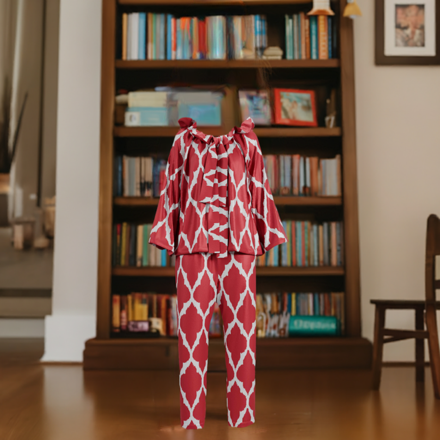 Women's and Girl's Red Pajama Set with Bow from handwoven Silk Ikat - SABINA PATEL