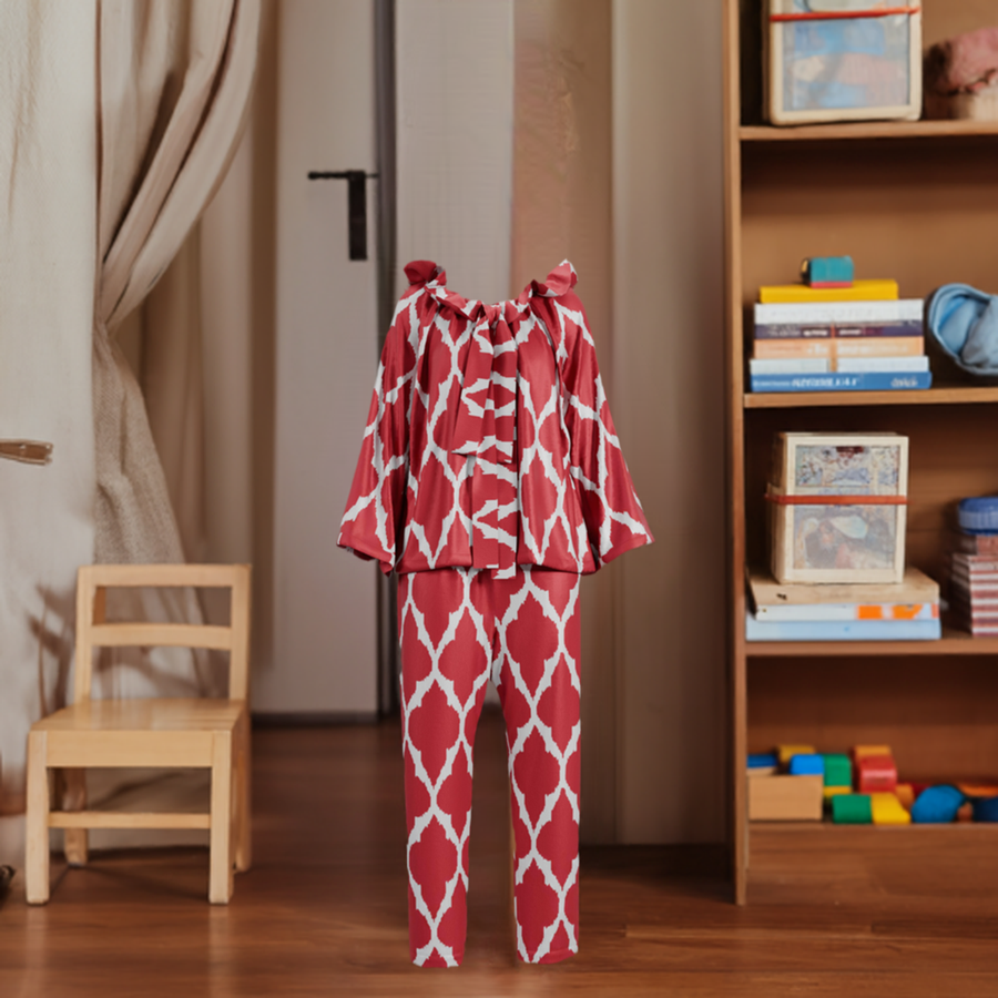 Women's and Girl's Red Pajama Set with Bow from handwoven Silk Ikat - SABINA PATEL