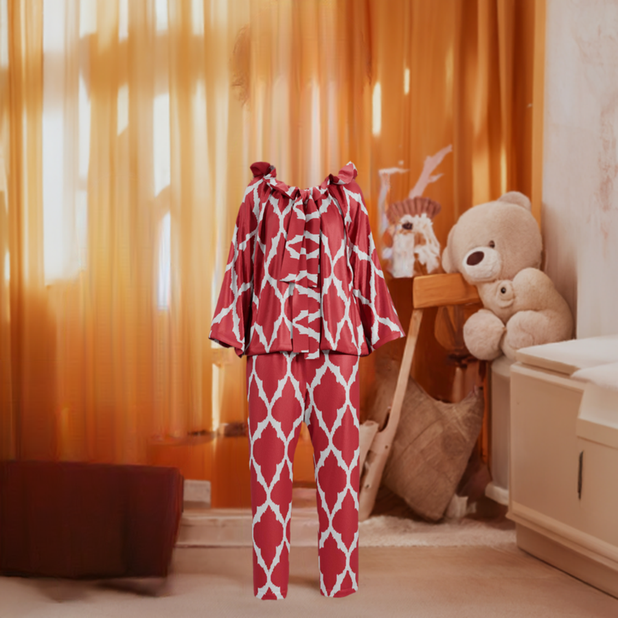 Women's and Girl's Red Pajama Set with Bow from handwoven Silk Ikat - SABINA PATEL