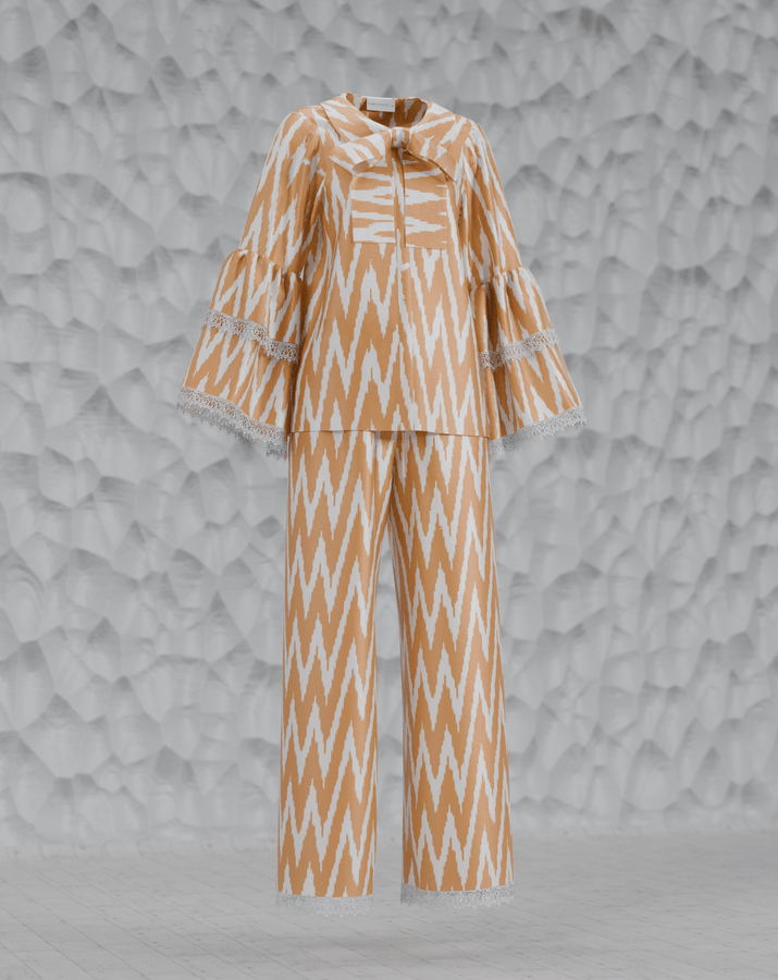 Women's Gold Pajama Set with Bow from handwoven Silk Ikat - SABINA PATEL