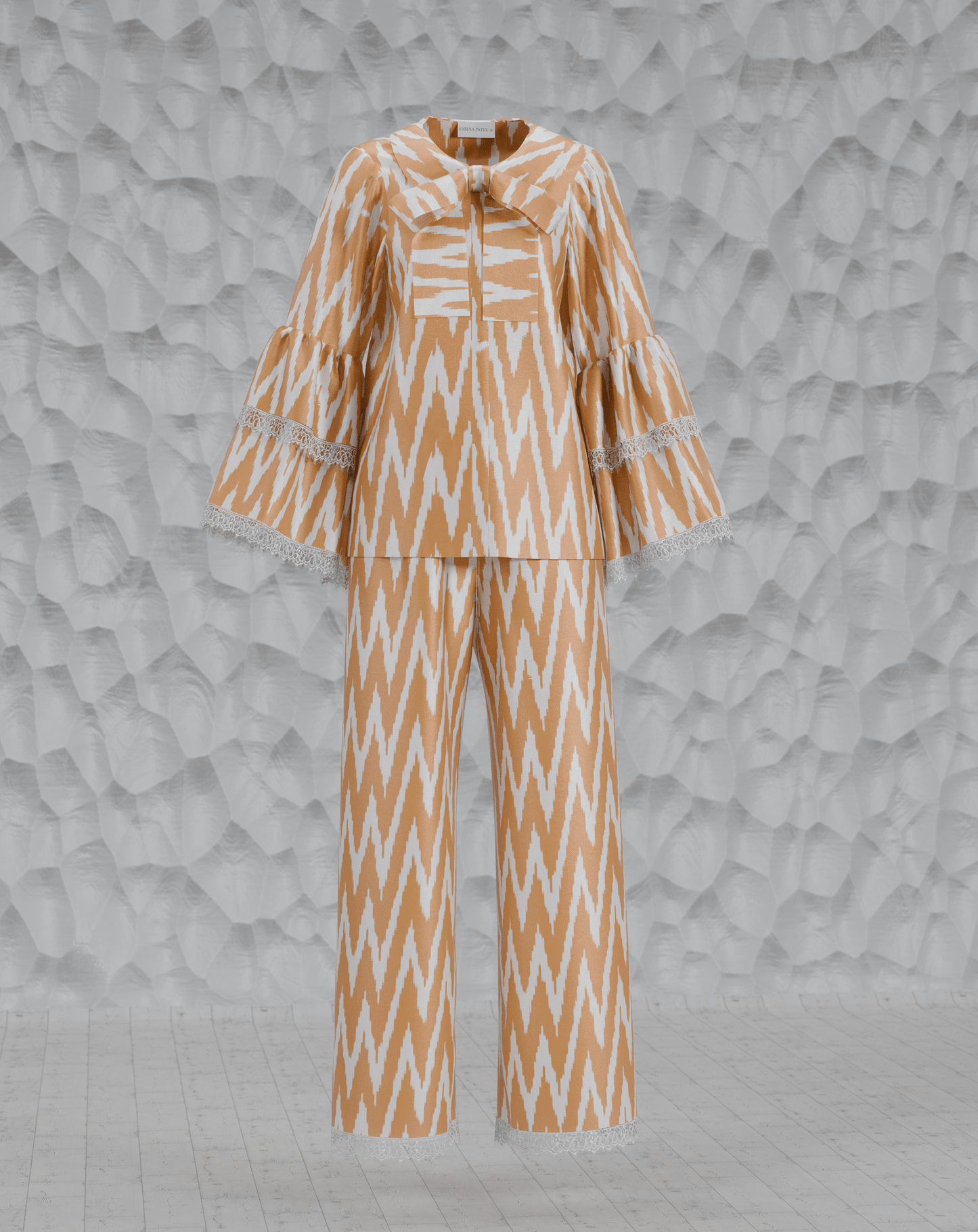 Women's Gold Pajama Set with Bow from handwoven Silk Ikat - SABINA PATEL